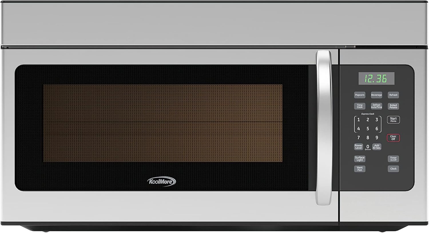 KoolMore 1.6 Cu. Ft. Over the Range Microwave Oven with Oven Lamp and 300CFM Recirculation Vent Hood Function, Auto Cook Menus, Reheat Function, 10 Power Levels, Timer, and Weight Defrost (KM-MOT-1SS)