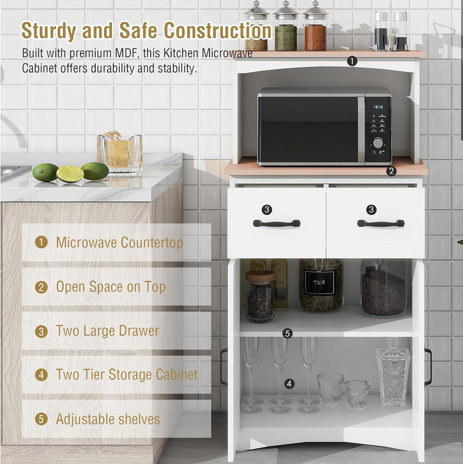 Microwave Stand with Storage, Kitchen Pantry Storage Cabinet with Drawer and Adjustable Shelf, Microwave Cabinet with Open Space for Kitchen, Dining Room, White