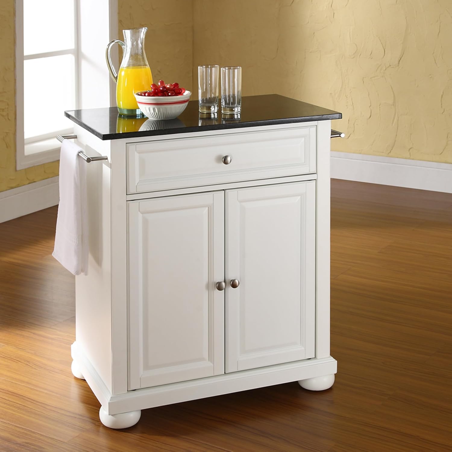 Crosley Furniture Alexandria Granite Top Small Portable Rolling Kitchen Island Storage Cart, Microwave Stand, White