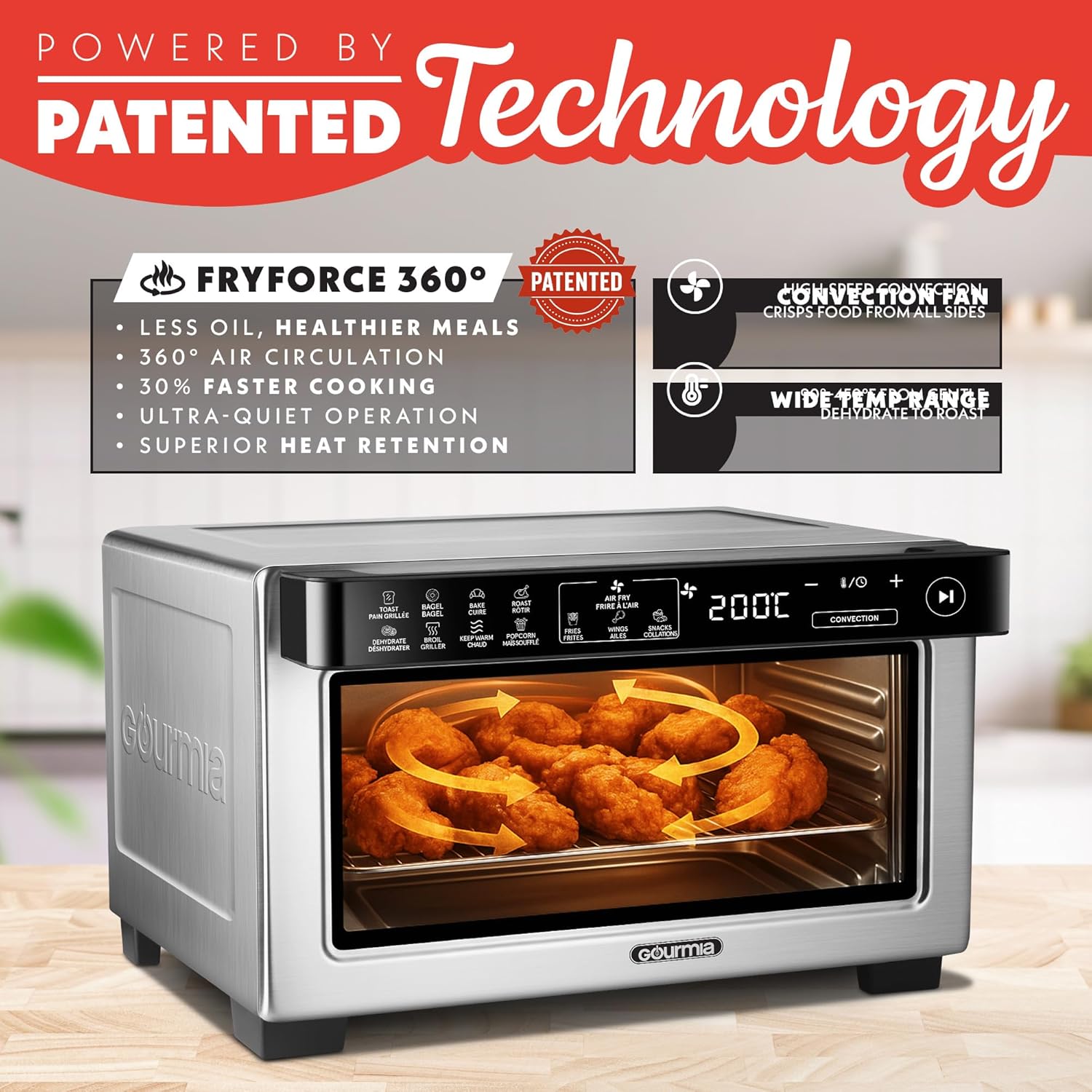Gourmia Toaster Oven Digital Air Fryer - Convection Mode with 4 Slice Capacity, 3 Rack Positions, 12 Presets, Toast, Bagel, Bake, Roast, Broil, Dehydrate, Popcorn, Fits 9