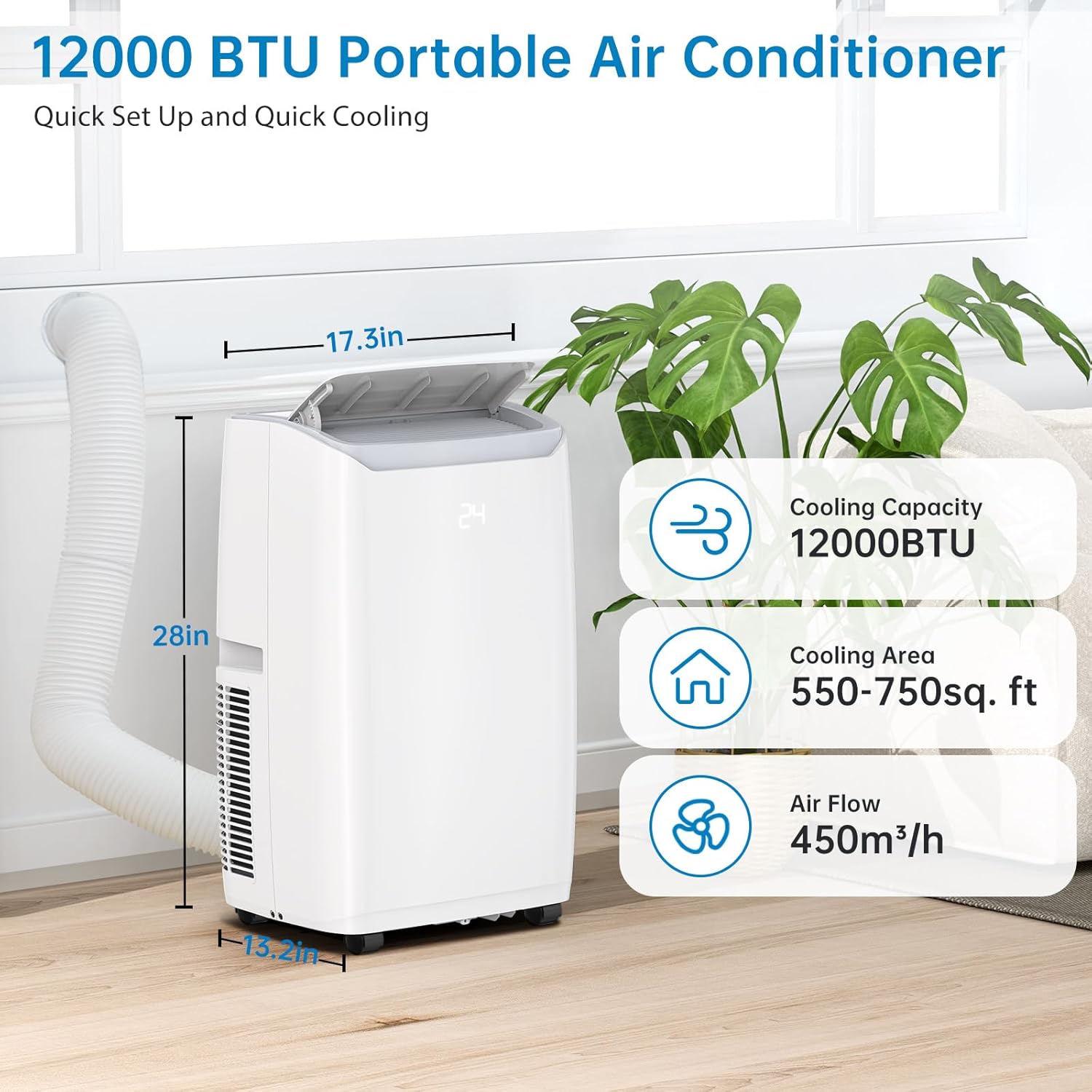 12000 BTU Portable Air Conditioner with Remote Control, Fast Cooling, Quiet Sleep Mode, Timer, Ideal for Rooms up to 550 Sq. Ft.