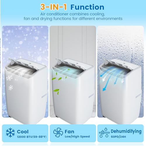 GAOMON 12000 BTU Portable Air Conditioner, Portable AC with Remote Control for Room up to 550 Sq.Ft, 3-in-1 Functions/Digital Display/24 Hrs Timer/Caster Wheels for Home/Office/Dorms