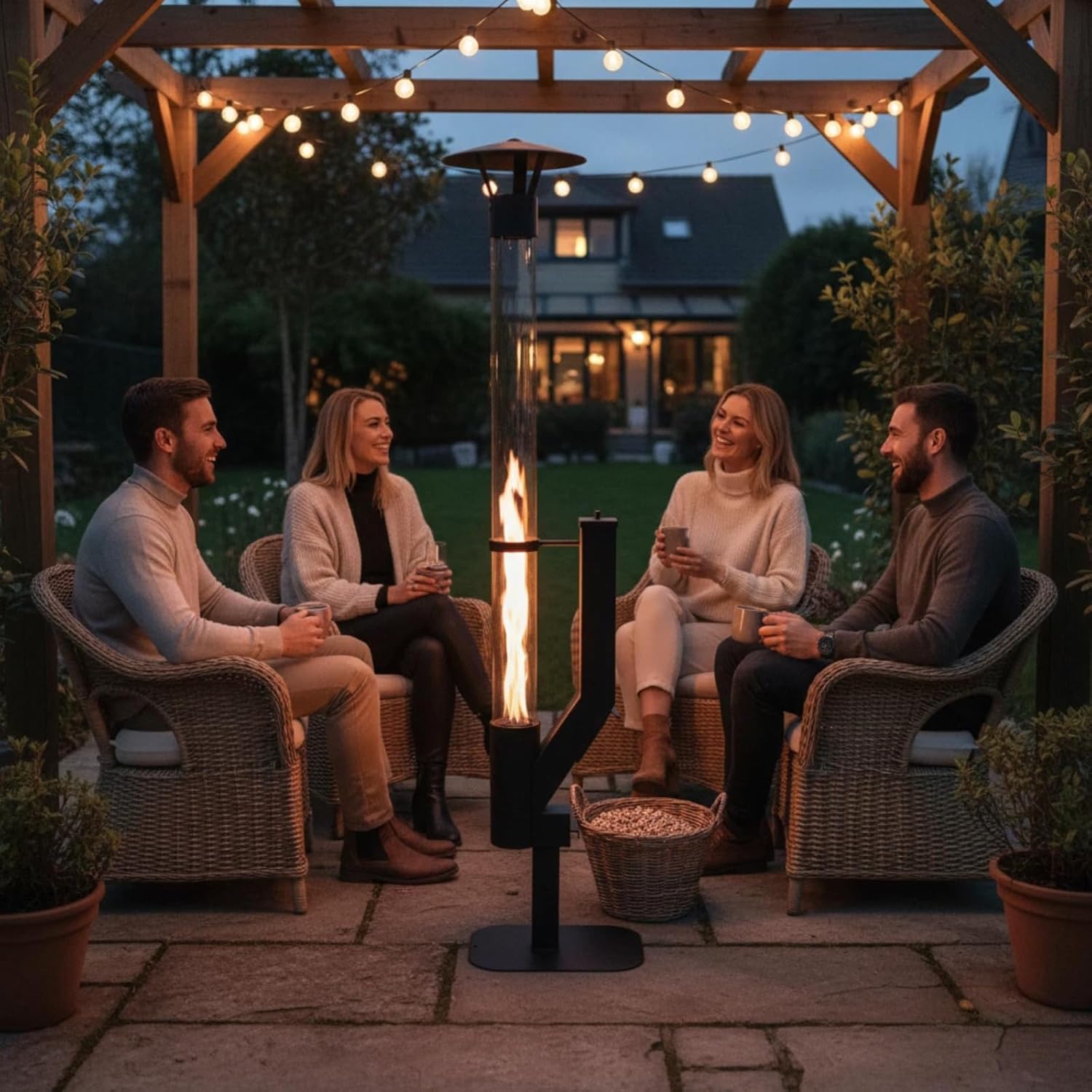 Wood Pellet Patio Heater with Spiral Swirling Flame Glass Tube, Anti-Tip Steel Base, Outdoor Fire Pit for Patio Garden Backyard, Stylish Design for Outdoor Heating & Ambiance (Black, Large)