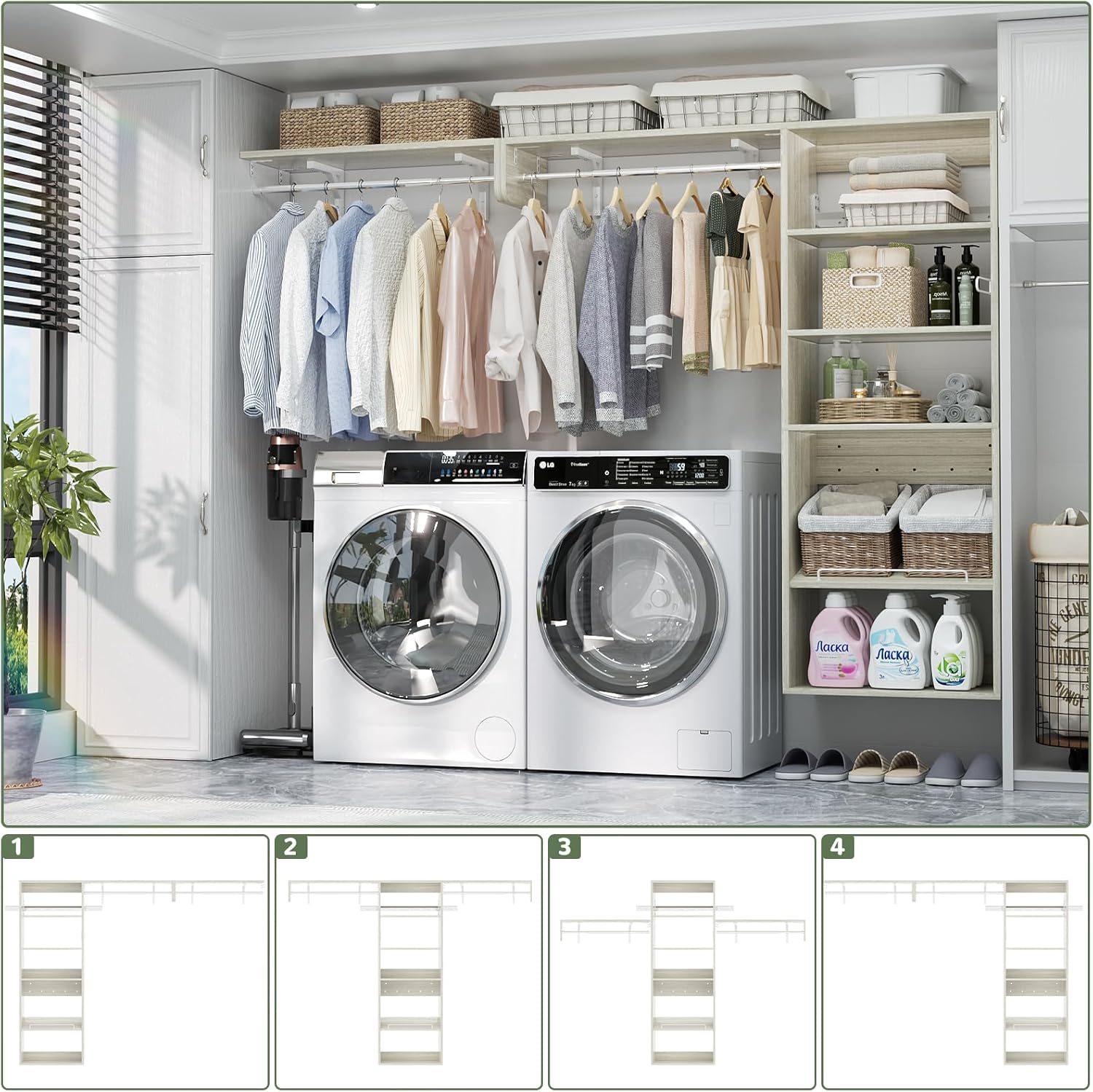 Unikito Over Washer and Dryer Storage Shelf, 8FT Wall Mounted Laundry Room Organizer, Space Saver Clothes Drying Rack with Hanger Rod, Heavy-Duty Closet System with Adjustable Shelves, White Oak