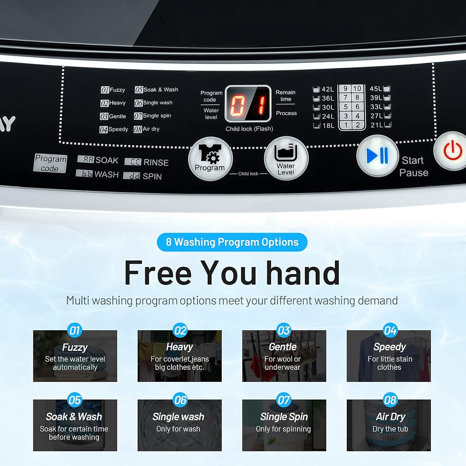 COSTWAY Portable Washing Machine, 11Lbs Capacity Full-automatic Washer with 8 Wash Programs, LED Display, 10 Water Levels, Compact Laundry Washer and Spinner Combo for Apartment Dorm, White