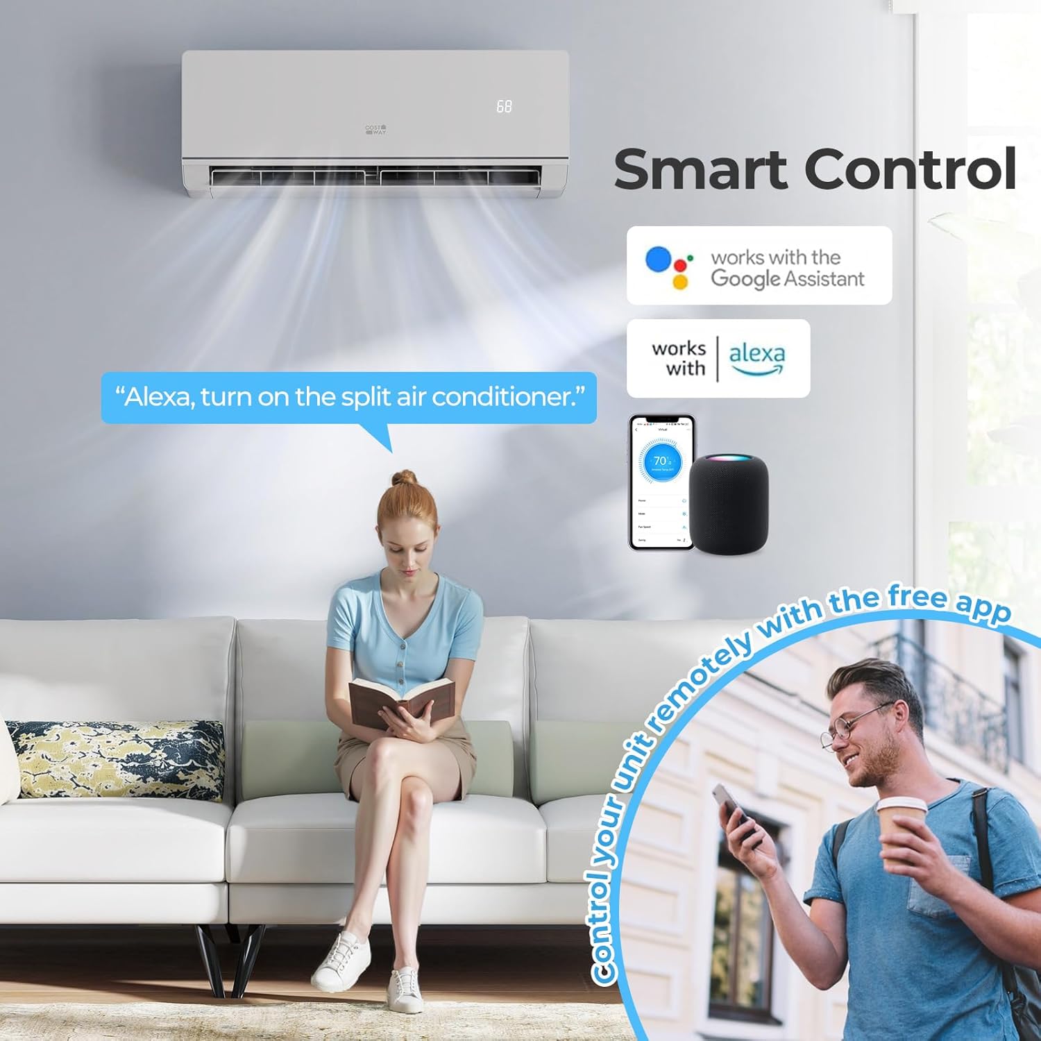 COSTWAY 12000 BTU Mini Split Air Conditioner & Heater, 208-230V WiFi Enabled 24 SEER2 Ductless Inverter AC Unit, Works w/Alexa, Cools Rooms Up to 750 Sq.Ft
