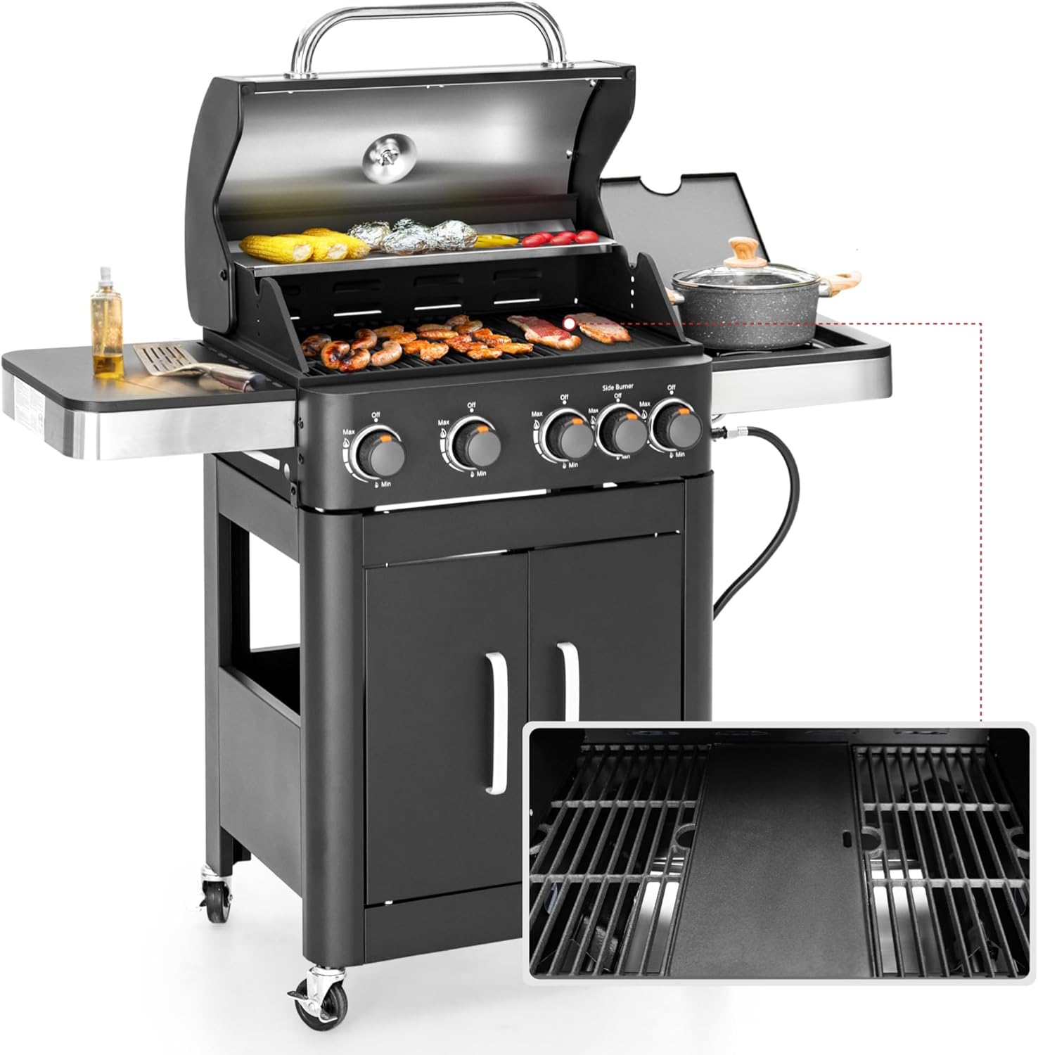 MFSTUDIO 4 Burners Propane Gas Grill and Griddle Combo with Side Burner, 2 in 1 Griddle Grill and Porcelain-Enameled Cast Iron Grates, 46,700 BTU Outdoor Cooking Barbecue Grill, Black