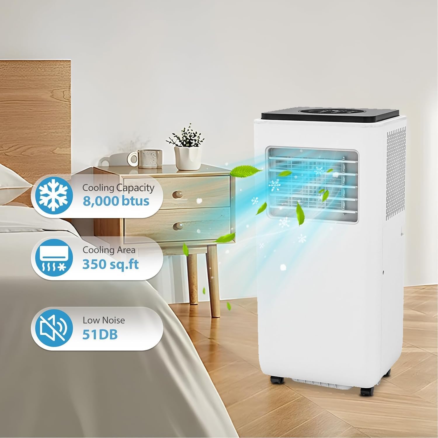 8000BTU Portable Air Conditioner, 3-In-1 Portable Room Air Conditioner with Remote, Sleep Mode, Remote Control, Cooling, Dehumidification, Cooling Area Up to 350 Sq. Ft. Office, Bedroom, White&Black