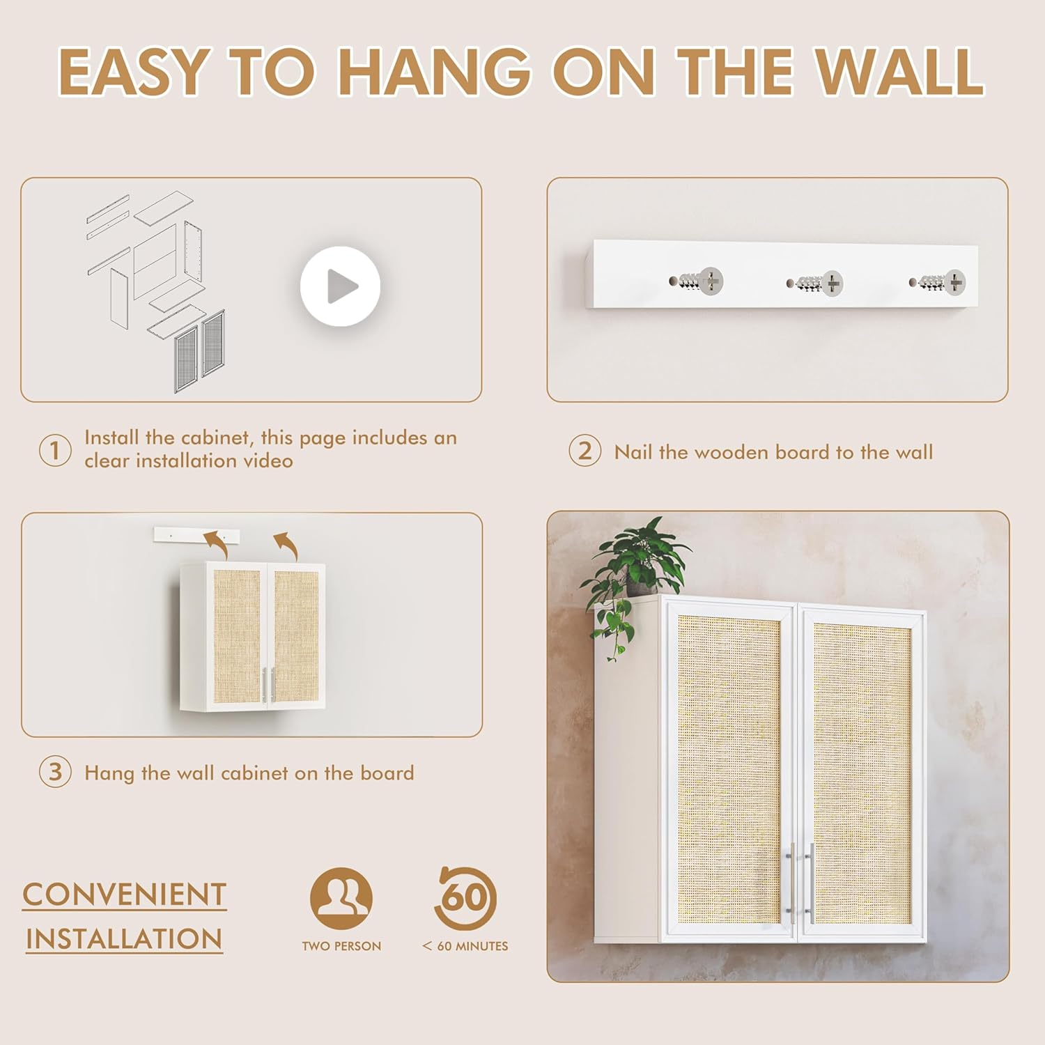 29.5’’ Laundry Room Cabinets, Wall Mounted Cabinet with Rattan Doors and Adjustable Shelf, Kitchen Wall Cabinet, Bathroom Wall Cabinet, Upper Cabinet for Laundry, White