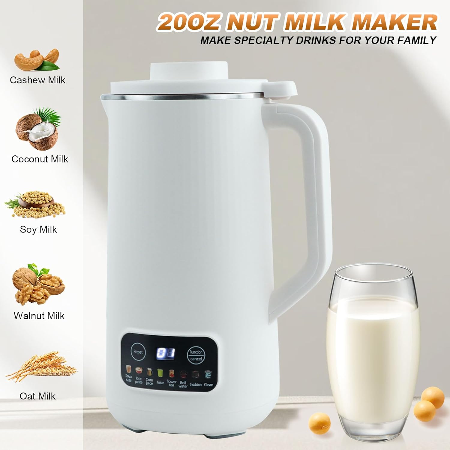 Automatic Nut Milk Maker Blender, 800ml Homemade Soy, Almond, Oat, Coconut, Plant Based and Non Dairy Beverages with LED Display (White)