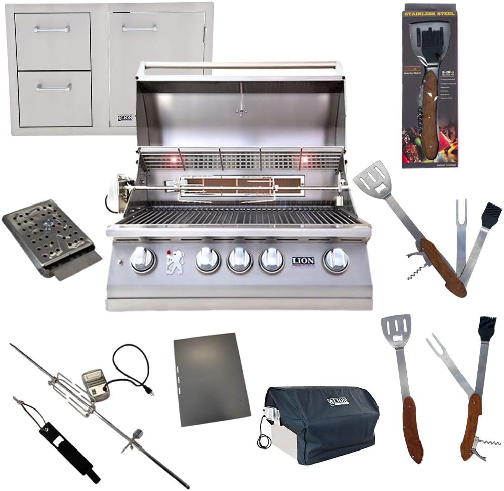 Lion Premium Grills 32-Inch Liquid Propane Grill L75000 and Lion Combination Door Drawer Exclusive with Best of Backyard Gourmet Package