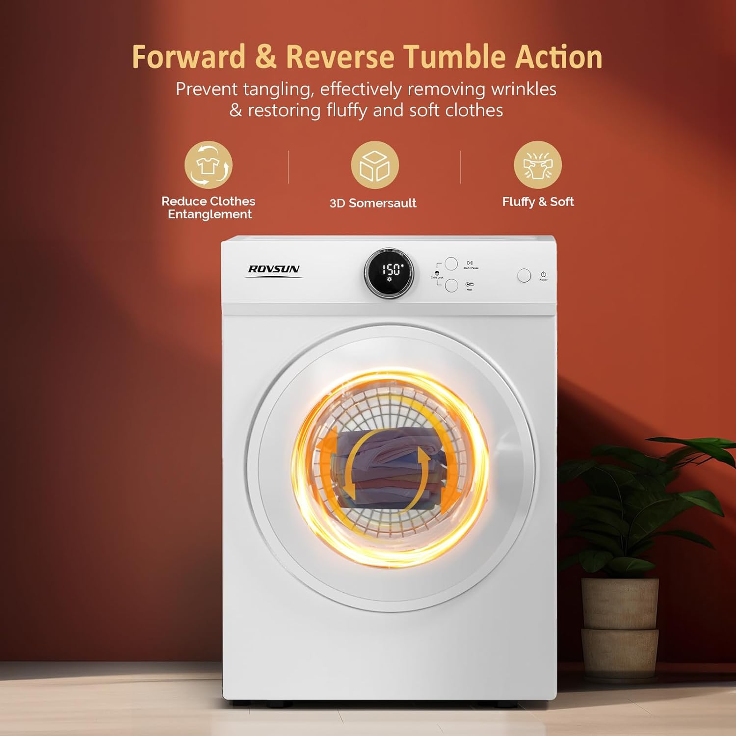 ROVSUN 1.8 Cu.Ft Portable Clothes Dryer, 1020W High End Front Load Electric Dryer, Compact Laundry Dryer with Electronic Screen Control & Stainless Steel Tub for Apartment, Home