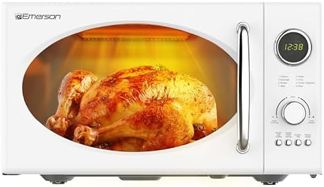 Emerson MWRG0901W 0.9 Cu. Ft. Retro Microwave with 1,000W Grill Function, 800W Cooking Power, LED Display, 5 Power Levels, 8 Auto Menus, Glass Turntable, Child Lock, White Countertop Design