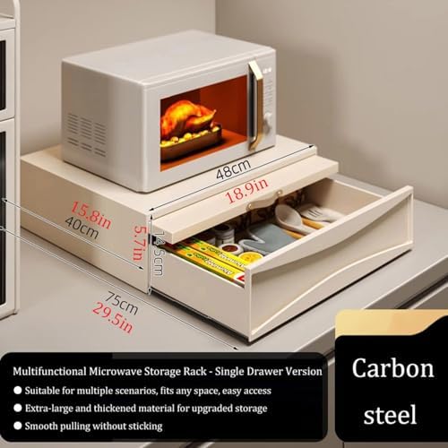 Sliding Countertop Tray with Drawer, Carbon Steel Organizer Shelf, Kitchen Microwave Oven Pull Out Organizers, 18.9 x 15.8 x 5.7in, Milky White (Tray and Drawer)