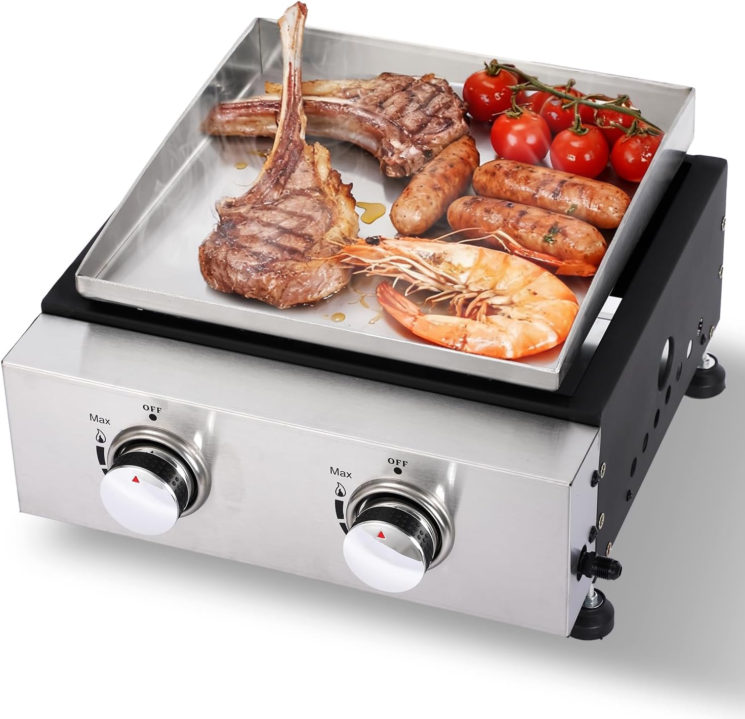 Portable Tabletop Gas Griddle Grill with Stainless Steel Griddle, Includes Dust Cover & Regulator, Perfect for Camping & Tailgating (2-Burner)