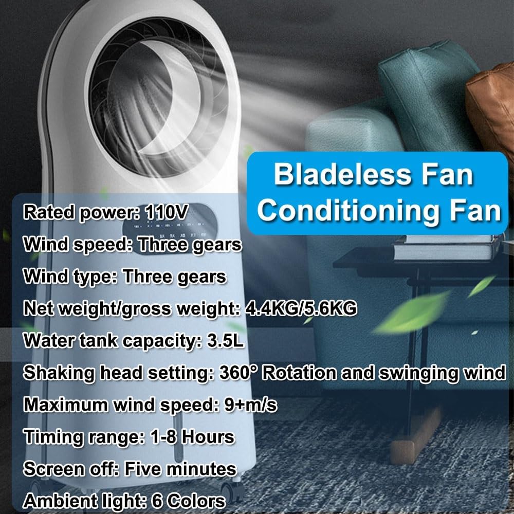 Generic Evaporative Cooler, Portable Bladeless Fan, Air Cooling Fan With Night Light, 8H Time, Humidifiers With Water Tank, Bladeless Conditioner Fan For Home Bedroom