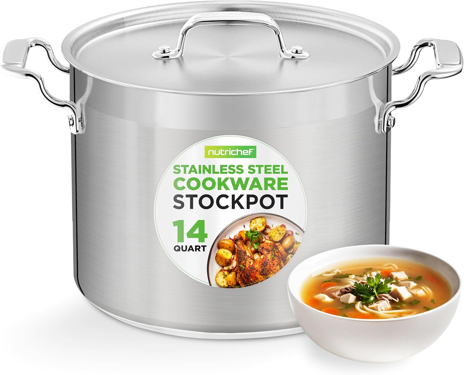 NutriChef Stainless Steel Cookware Stockpot - 14 Quart, Heavy Duty Induction Pot, Soup Pot with Stainless Steel Lid, Gas, Induction, Ceramic, Glass and Halogen Cooktops Compatible - NCSPT14Q