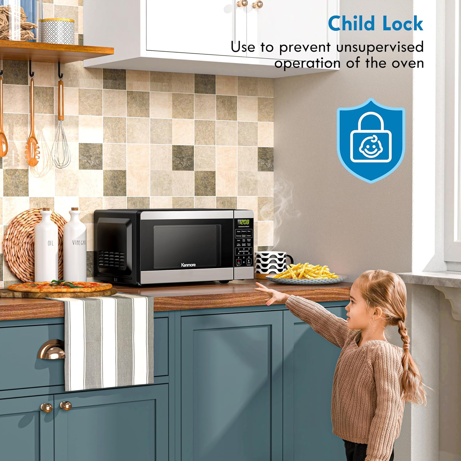 Kenmore Countertop Microwave, 6 Auto-Preset Menus, Child Lock, Defrost & Express Cooking Features, 900 Watt, .9 Cu Ft, Stainless Steel