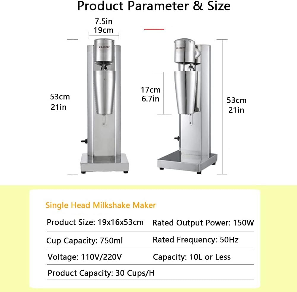 Single Head Milkshake Maker Stainless Steel Commercial Electric Ice Cream Mixer Shake Machine Smoothie Drink Blender with 750Ml Cup (180W, 18000 Rpm)