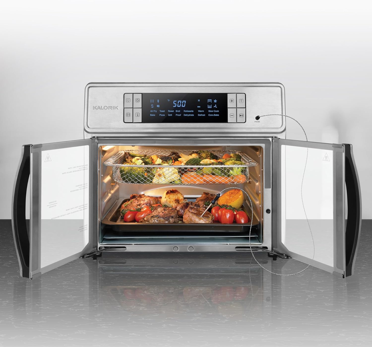 Kalorik Air Fryer Oven MAXX Series 26-Quart Flex Trio with Digital Controls Easy-View Door and 14 Cooking Presets, Converts into Dual 13 Quart Air Fryers, 1700-Watts, Stainless Steel