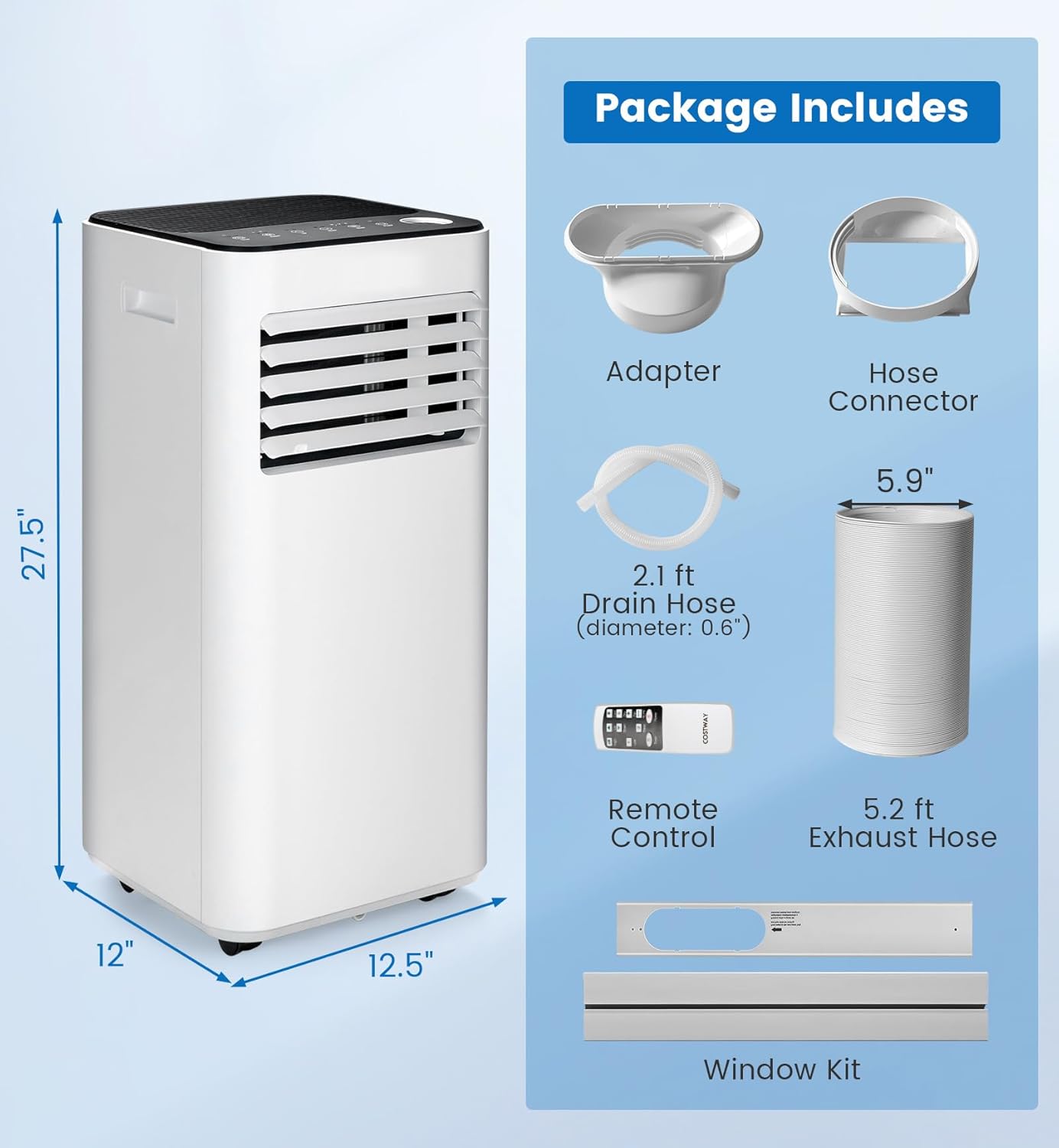 KOTEK Portable Air Conditioner for Room up to 250 Sq. Ft, 8000 BTU 3-in-1 AC Unit for Bedroom with Dehumidifier/Fan/Cool/Sleep Mode, Remote Control/Window Kit, Portable AC for Office (White-8000BTU)