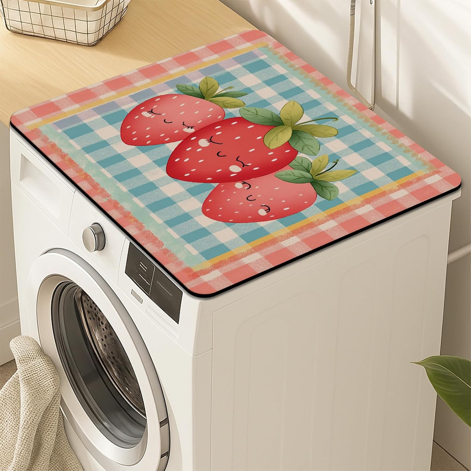 Cute Strawberry Washer Dryer Top Protector Mat, Cute Fruit Patterned Laundry Machine Dust Cover, Summer Rubber Anti-slip Waterproof Washer And Dryer Mats for Laundry Room 24x24 Inch