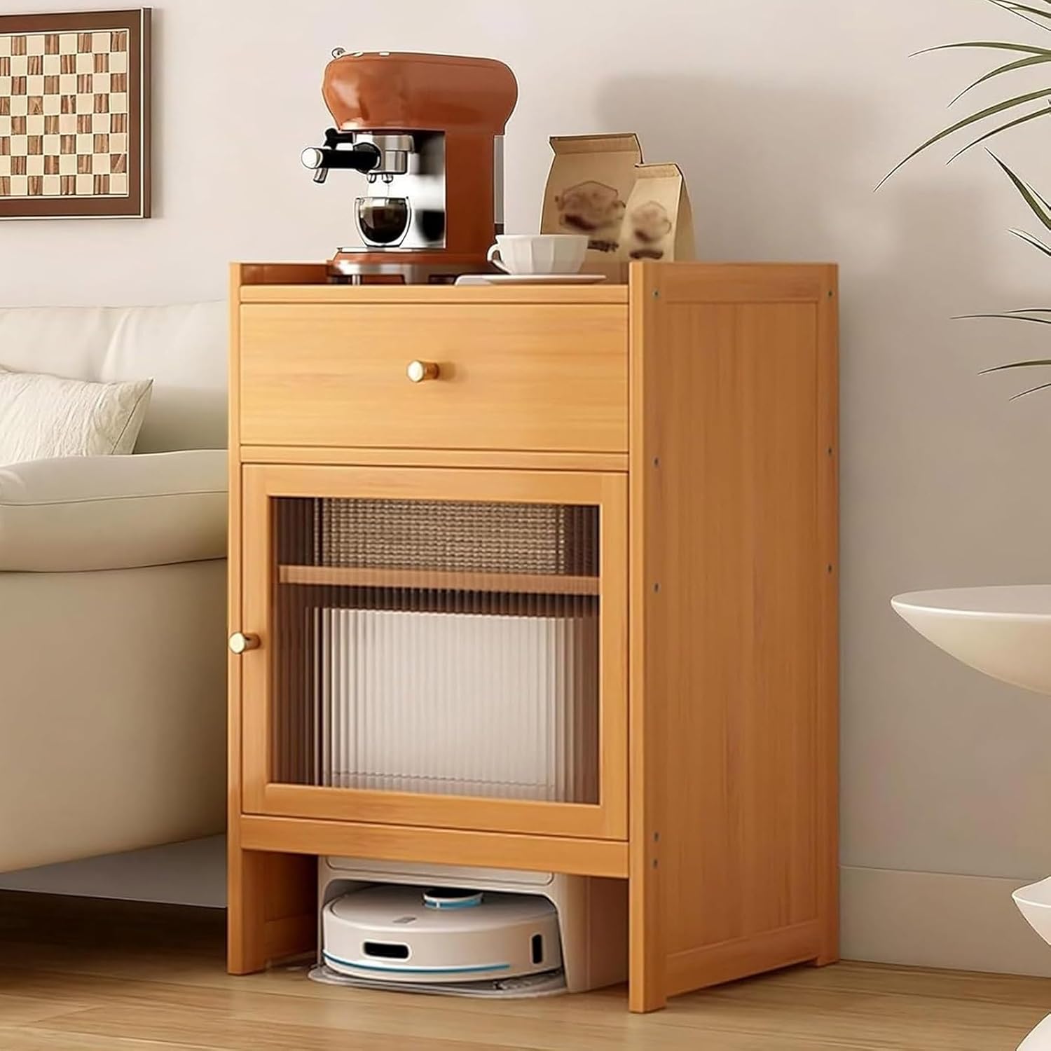 Robot Vacuum Storage Cabinet,Robot Vacuum Stand Cabinet with Adjustable Shelf,Hidden End Side Table for Living Room,Ideal Space Saver for Living Room and Kitchen Use(Natural)