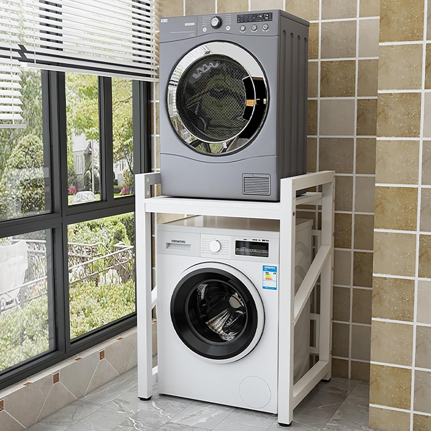 Washer Dryer Stacking Rack Stand,Heavy Duty Over Washer&Dryer Shelves With Adjustable Shelf,Toilet/Washing Machine Storage Rack,Space Saver Washer Dryer Stacking Kit,Height Adjustable,For Laundry(Whit