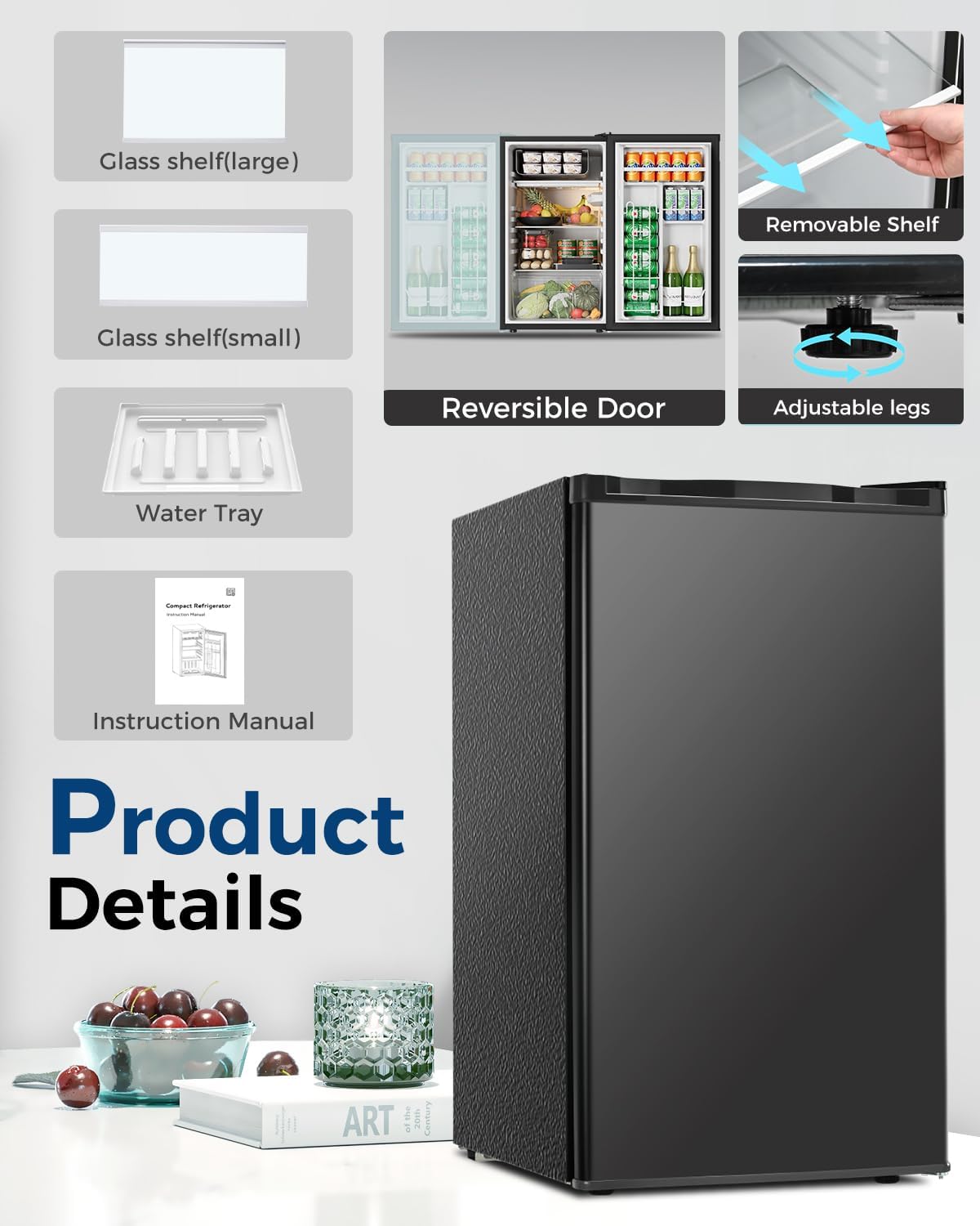 Mini Fridge with Freezer - 3.2 Cu.Ft Single Door Mini Refrigerator with Adjustable Thermostat, Small Fridge for Bedroom, Apartment, Dorm - Black