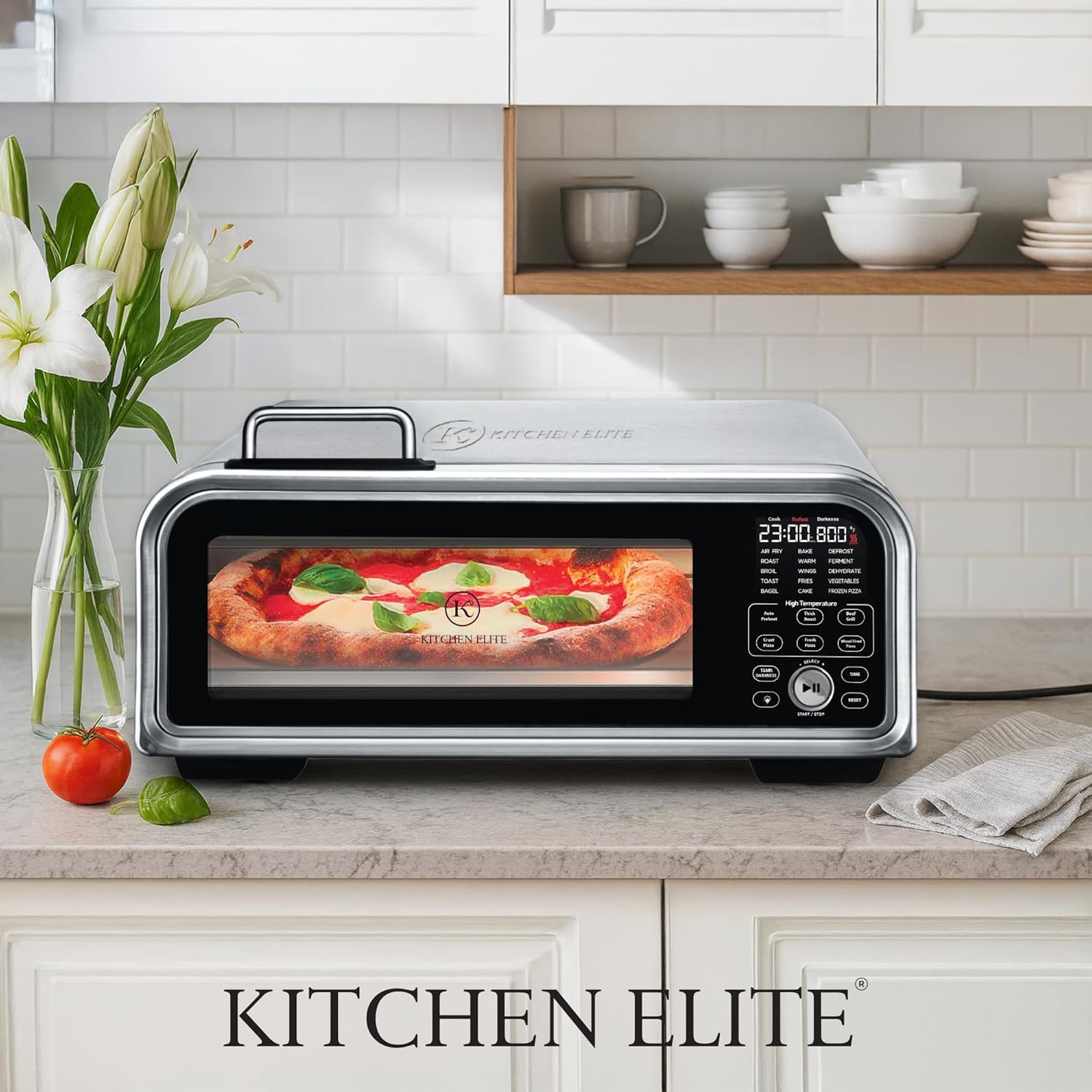 Kitchen Elite 15 in 1 Digital Toaster Oven Air Fryer Combo with Touch Panel and 12 Inch Pizza Capacity, Stainless Steel, Silver