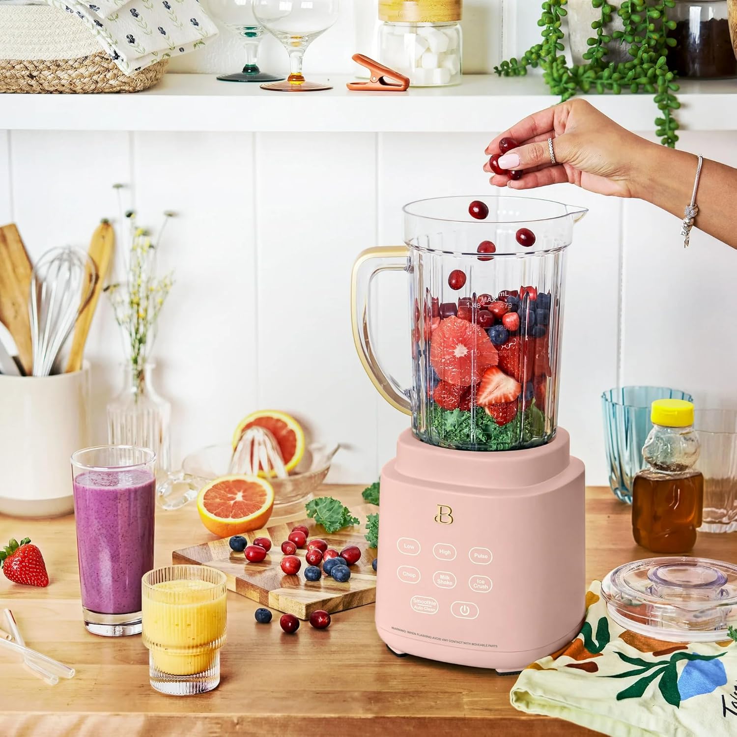 Beautiful PowerExact High-Performance 700-Watt Blender by Drew Barrymore, 50-Ounce Pitcher, Stainless 4-Tip Blade, 3 Speeds + 4 Presets, Dishwasher-Safe Parts, Travel Cup Included (Rose)