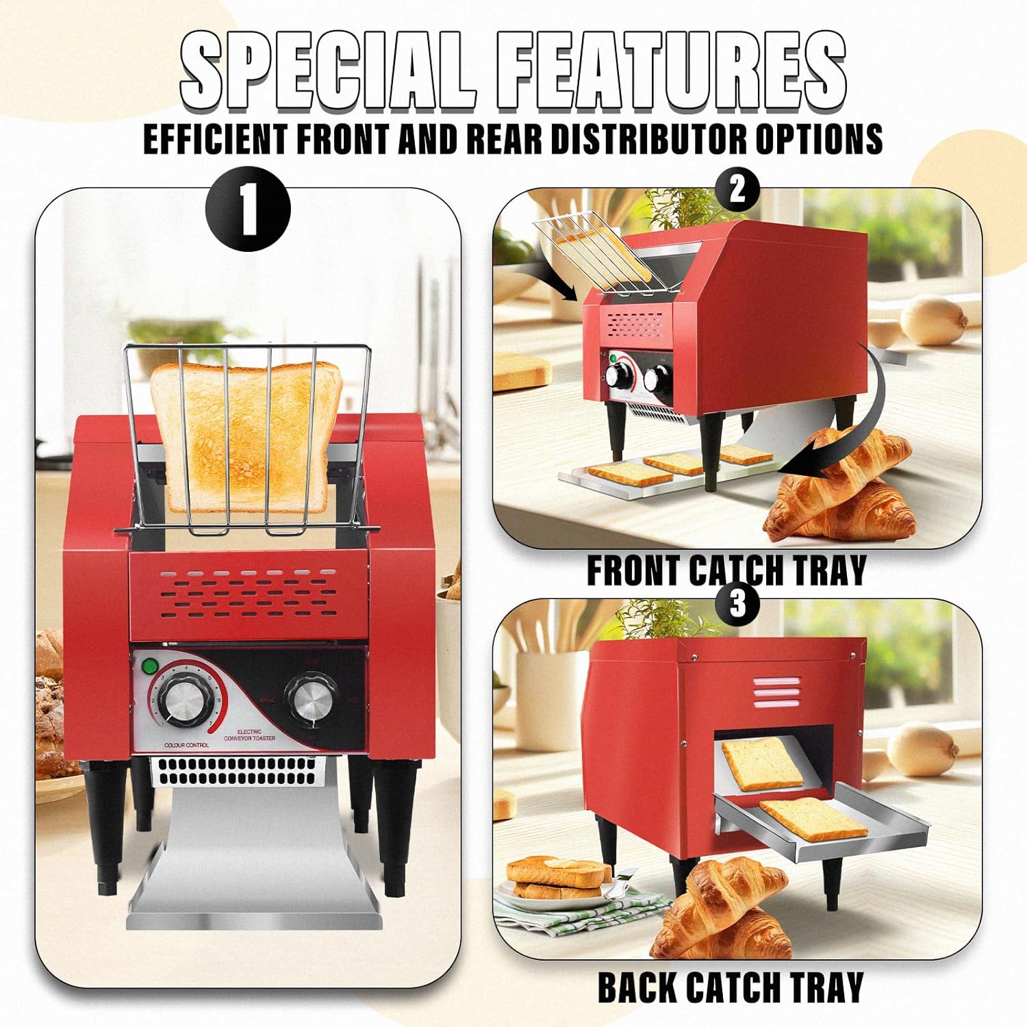 Commercial Conveyor Toaster 150 Slices/Hour Red Conveyor Toaster 3 Modes/7 Speeds Stainless Steel Tabletop Toaster for Toast, Bagels and Other Baked Breads