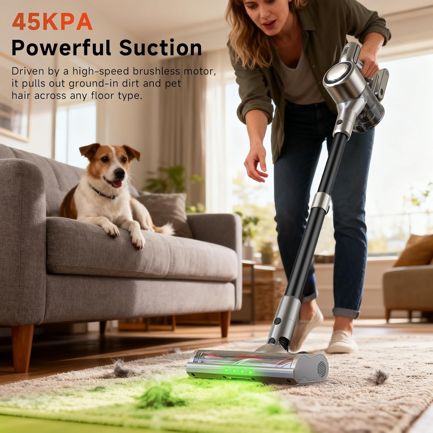 Cordless Stick Vacuum Cleaner - Rechargeable,45Kpa Powerful Suction Vacuum for Home,45Mins Runtime,Detachable Battery,Anti-Tangle, 8 in 1 Lightweight Vacuum for Pet Hair Carpet Hardwood,Silver