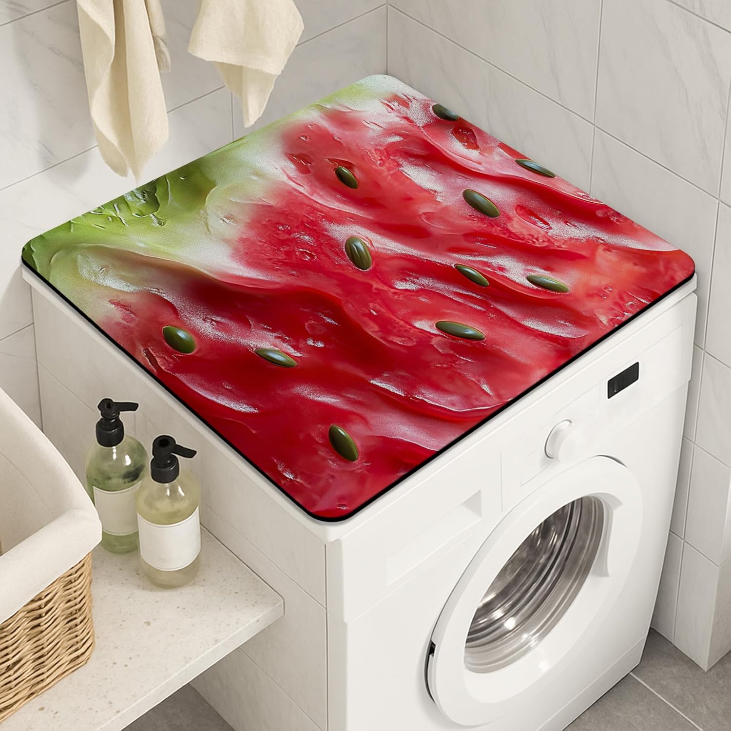 Watermelon Washer Dryer Top Protector Mat, Summer Refreshing Fruit Laundry Machine Dust Cover, Colorful Rubber Anti-slip Waterproof Washer And Dryer Mats for Laundry Room 24x24 Inch