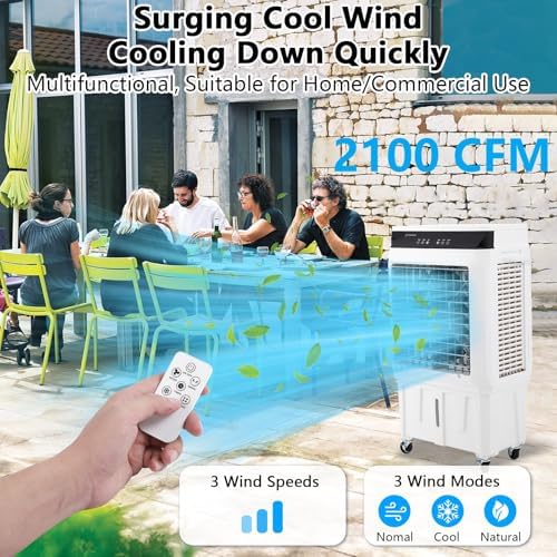 2100 CFM Evaporative Air Cooler, 8.4 Gallon Swamp Cooler with Remote Control, 3 Speeds, 12h Timer, 3-in-1 Swamp Cooler Air Conditioner, Portable Air Cooler Fan for Indoor Garage Outdoor Patio