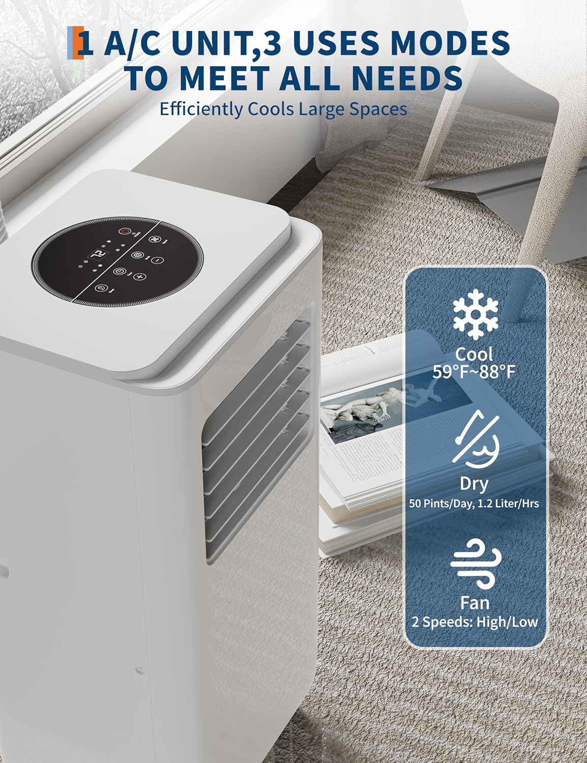 8,000 BTU Portable Air Conditioner, 3-in-1 Cooling, Dehumidification, Fan, Sleep Mode/24 Hour Timer, Cools up to 350 Sq. Ft. for Small Bedrooms, Home Office