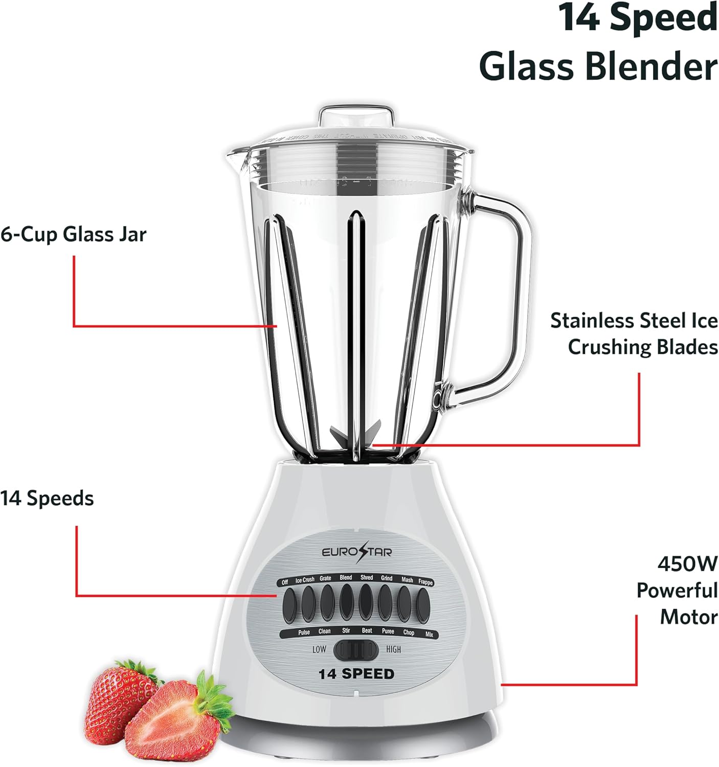 EUROSTAR 450W 14-Speed Glass Jar Blender (WHITE)