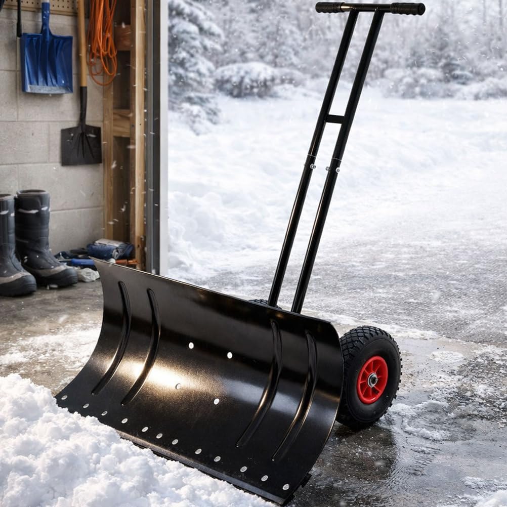 Snow Shovel with Wheels, 30-Inch Heavy Duty Snow Pusher with Adjustable Handle & Multi-Angle Blade, Steel Wheeled Snow Plow for Driveway & Sidewalk, Black