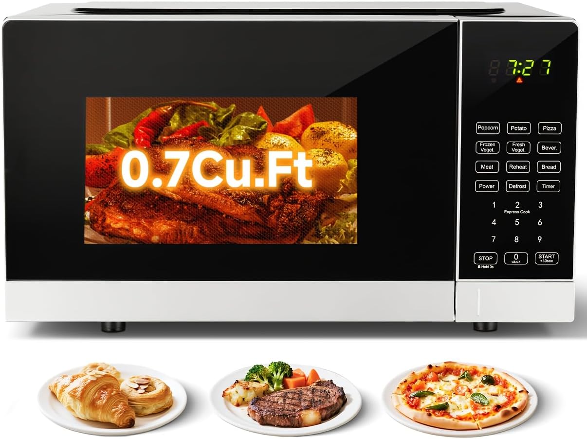 Compact Microwave Oven with 9 Auto Menus & Child Lock, LED Lighting, 0.7 Cu Ft, 700W - Easy Clean Kitchen Appliances, Quick Cooking for Family & Company Gatherings (1)