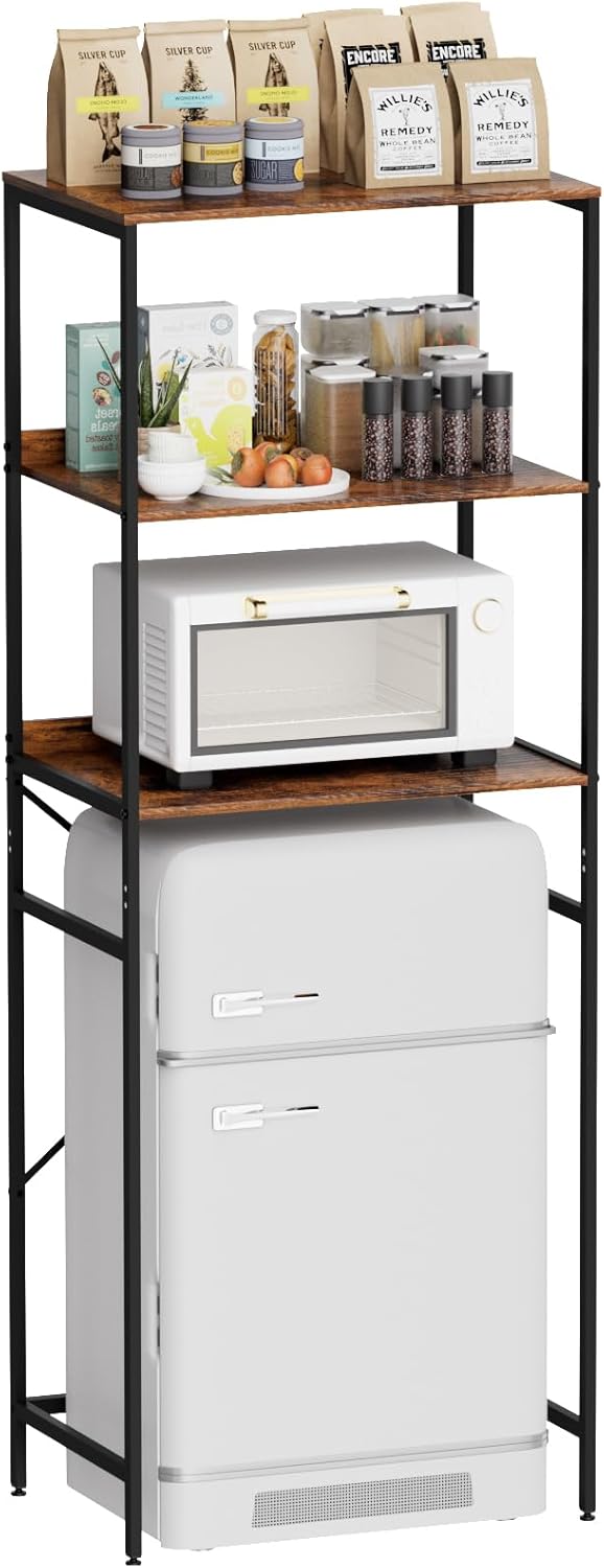 Mini Fridge Shelf Mini Fridge and Microwave Stand Over Mini Fridge Storage Rack 3 Tier Microwave and Fridge Stand Suitable for Dorm, Kitchens, Offices, Brown