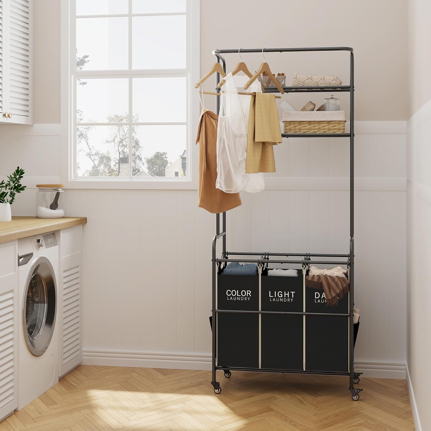 Laundry Sorter 3 Section,Laundry Hamper Cart with Hanging Rack & Removable Bags,Heavy Duty Laundry Basket with Wheels & 2 Tier Shelf,Space-Saving Laundry Basket Organizer for Laundry Room