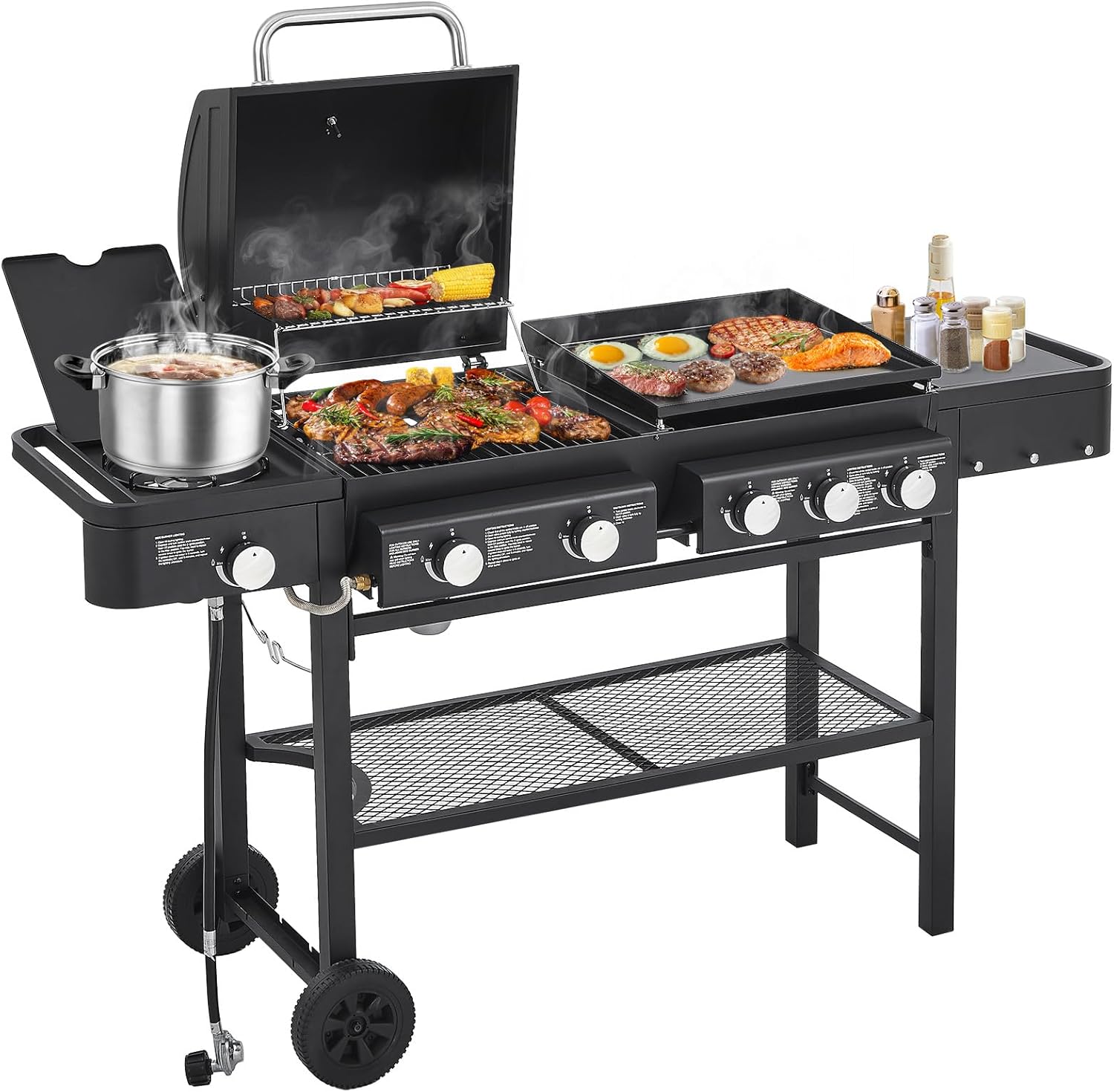 Lyromix 5 Burners Gas Grill and Griddle Combo with Side Burner, Propane Gas Grills with Heavy-duty Enamel Grate, Durable BBQ Outdoor Flat Top Grill for Backyard and Patios, 56000 BTU