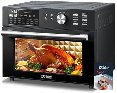 Kitchen in the box 32QT Extra Large Air Fryer Toaster Oven Combo, 21-in-1 Countertop Convection Toaster Oven with Rotisserie and Dehydrate, 6 Accessories, 1800W Dual Cook Preset (Black)