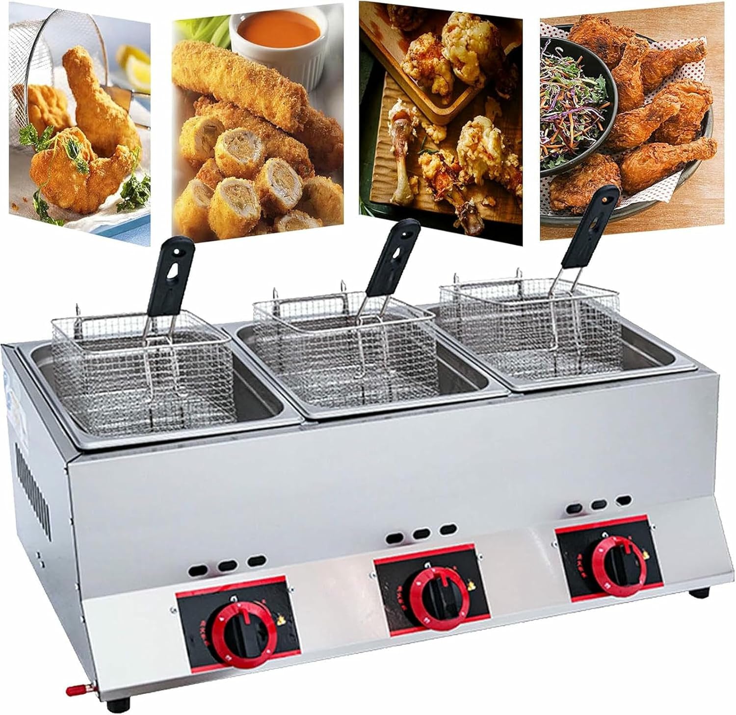 Gas Fryer, Commercial Professional, 33L Large Capacity Dual Fryer, With Removable Baskets And Lid, Adjustable Firepower, For Chips Donuts Fish