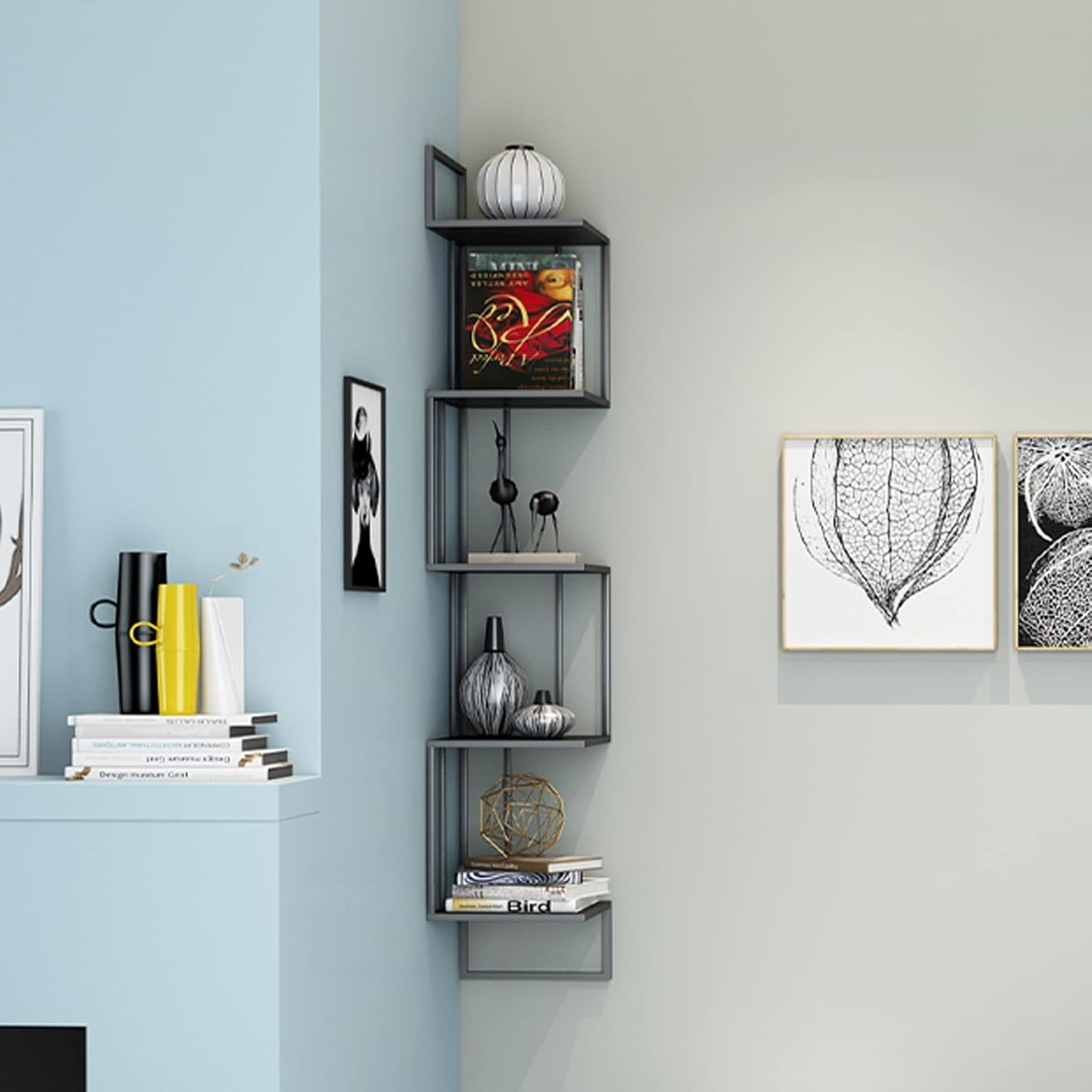 Wall-Mounted Bookshelf Multi-Purpose Corner Metal Bookshelves Household Triangular Shelf 5-Layer Book and Newspaper Storage Rack Open Display Shelves (Gold)