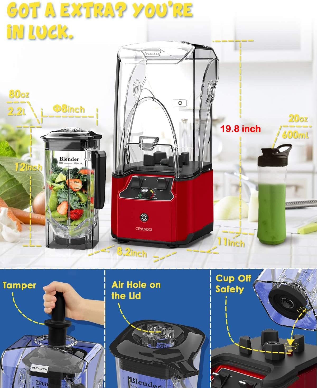 CRANDDI Commercial Quiet Blender, 2200 Watt Professional Countertop Blender with 80oz Pitcher, Built-in Pulse & 15-speeds Control, Smoothie Blender for Commercial and Home, K90 Red