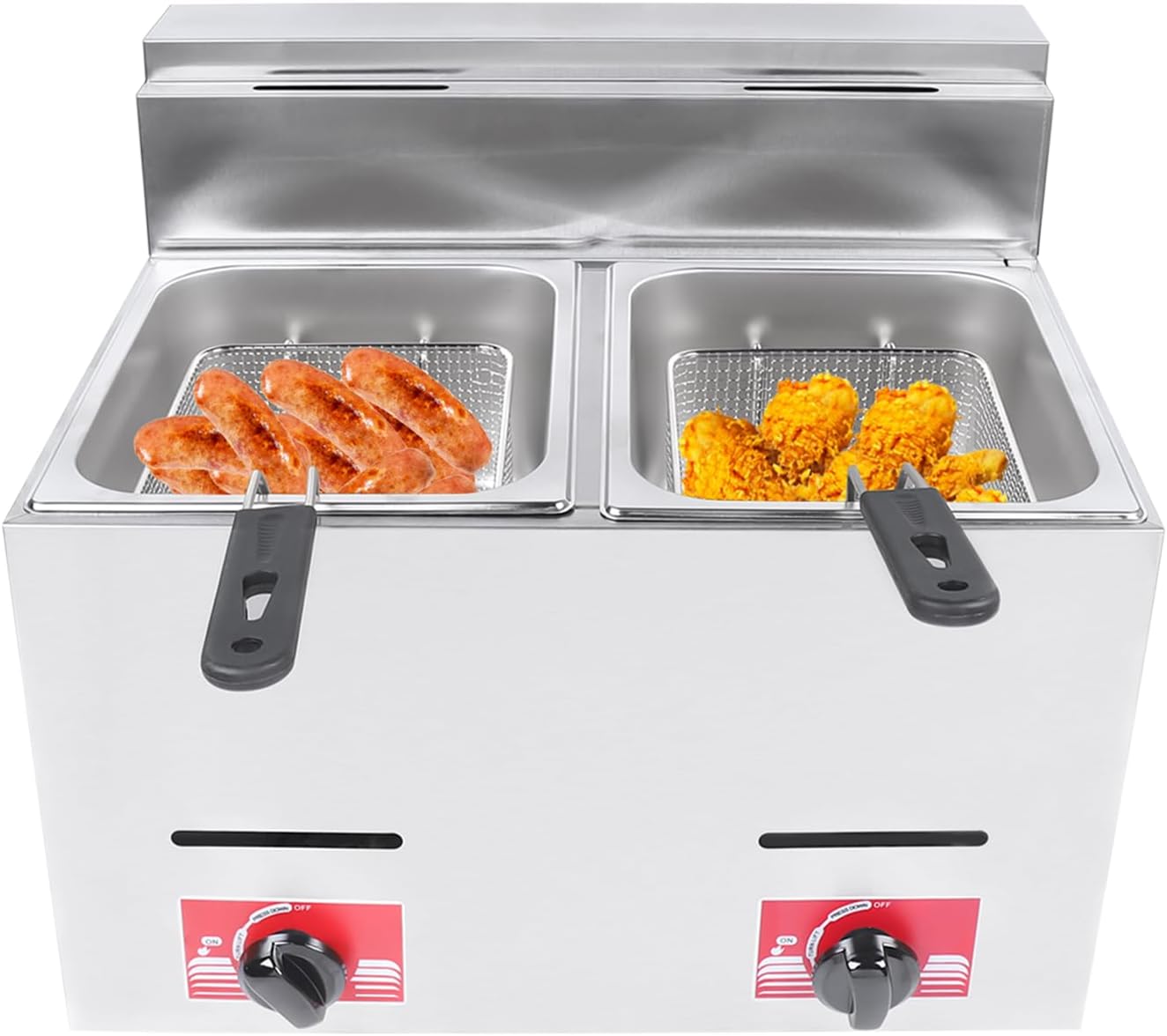 Commercial Countertop Gas Fryer, Double-layer Stainless Steel Dual Tank Gas Deep Fryer Oil Frying Pot Snack Fryer Frying Machin w/2x5.3QT Basket for French Fries Turkey Donut Restaurant