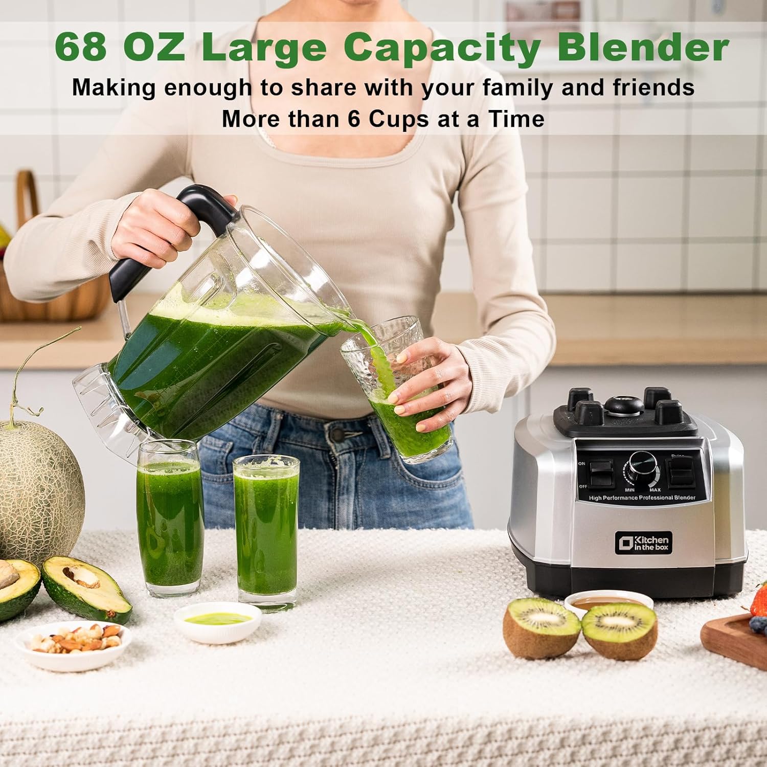 Powerful Blender for Kitchen 1500W, 68 Oz Large Capacity Countertop Blender for Smoothie with Stainless Steel Blades, BPA Free, Frozen Drinks, Ice Crush, Protein Shakes (Silver)