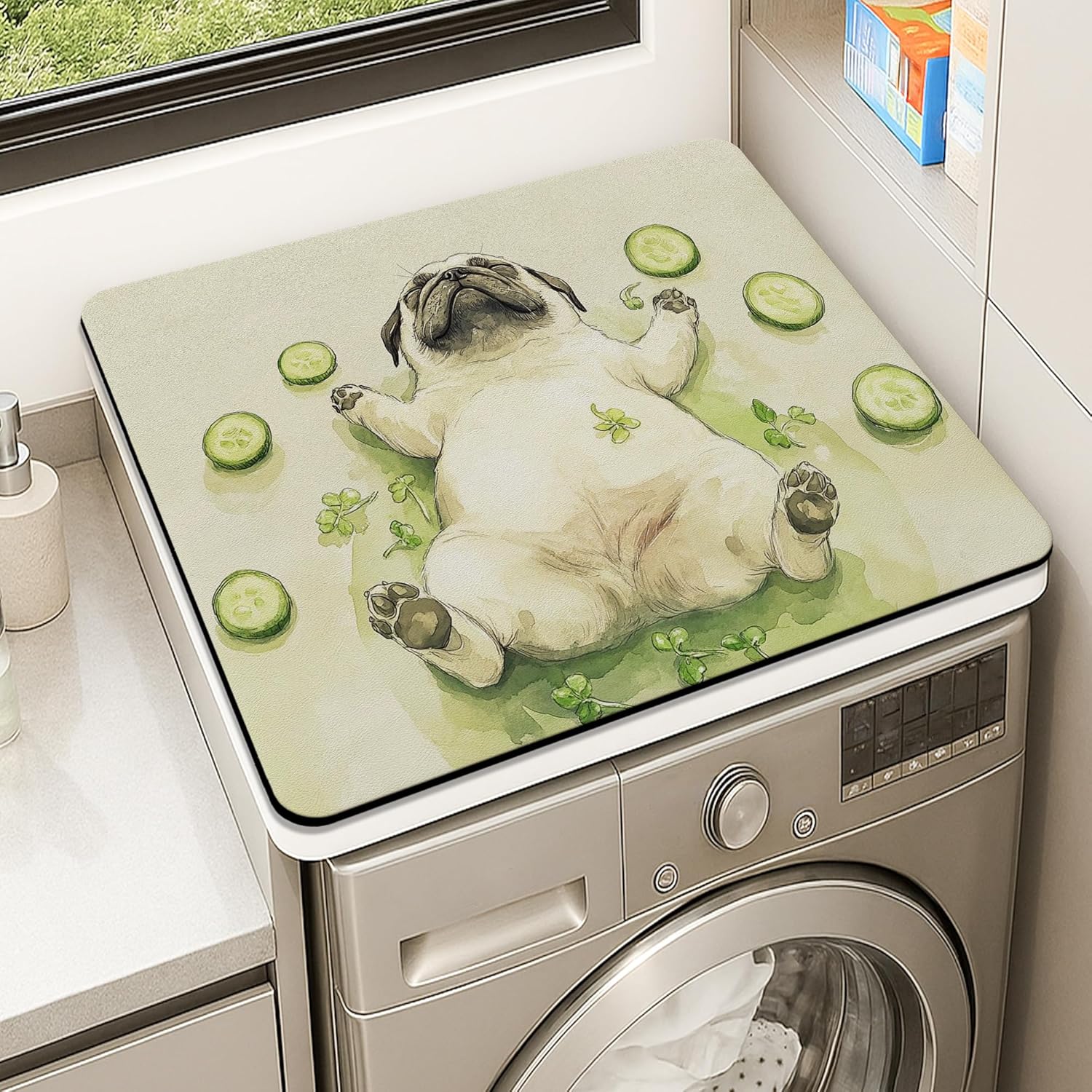 Cute Pug Washer Dryer Top Protector Mat, Fanciful Animal Design Laundry Machine Dust Cover, Summer Home Decor Rubber Anti-slip Waterproof Mat for Laundry Room 24x24 Inch