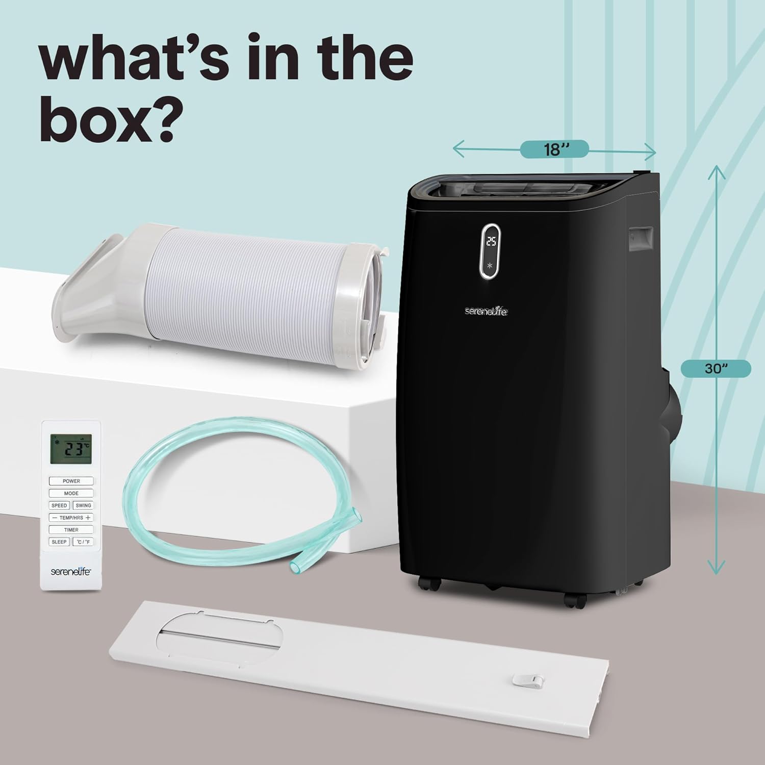 SereneLife 14,000 BTU Portable Air Conditioner - Compact Room Air Conditioner with Dehumidifier & Fan, Mini AC Unit for Rooms Up to 650 Sq. Ft., Window Kit Included, Rolling Wheels, Black